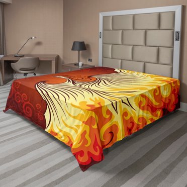 Ambesonne Orange Flat Sheet, Phoenix Bird in Warm Tones, King Size, Orange and Yellow
