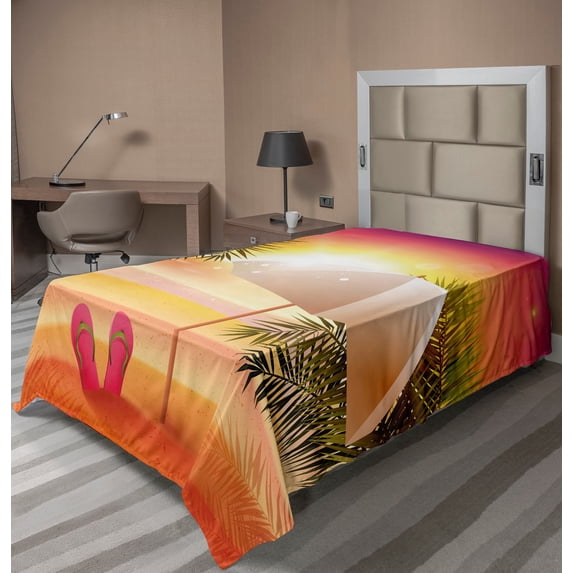 Ambesonne Orange Flat Sheet, Summer Sunset on Beach, Twin Size, Orange and Yellow