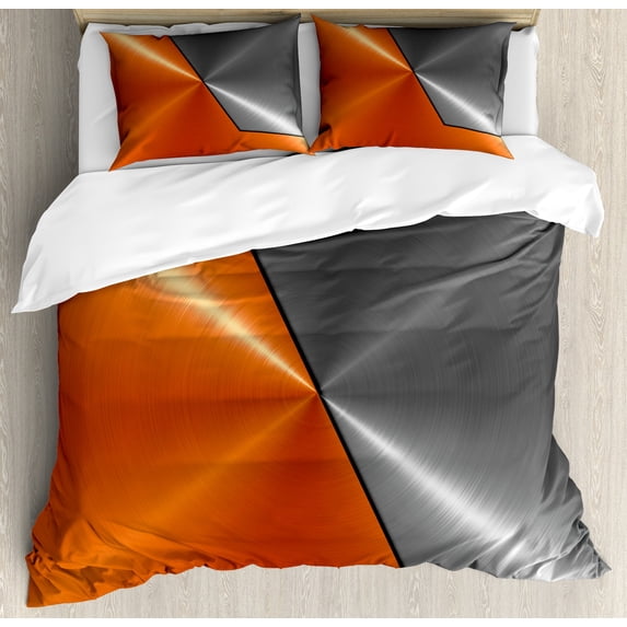 Ambesonne Orange Grey Duvet Cover Set, Machinery Modern 3D, Queen, Orange Grey