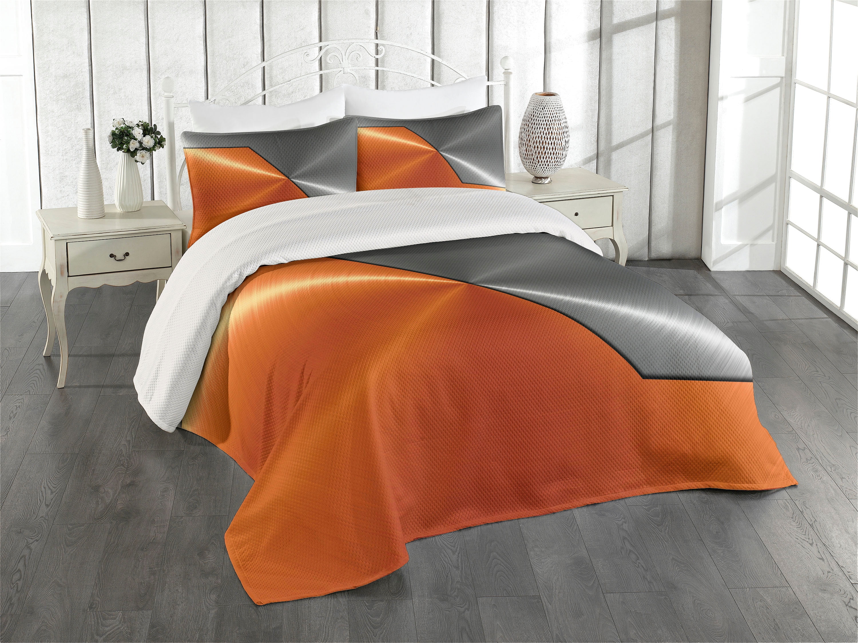Queen Size Orange and Gray Quilted Polyester Bedspread Set
