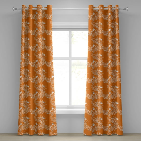 Ambesonne Orange Grommet Curtain, Japanese Tree Birds Art, 50" x 108", Marigold White