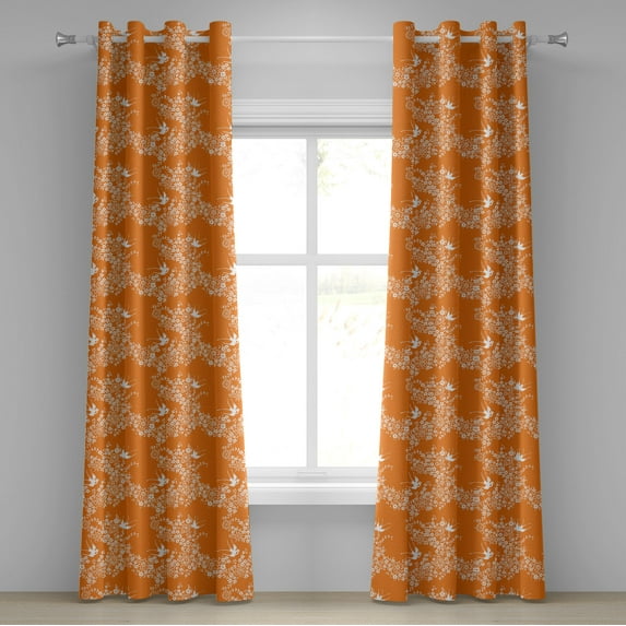 Ambesonne Orange Grommet Curtain, Japanese Tree Birds Art, 50" x 120", Marigold White