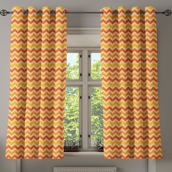 Ambesonne Orange Grommet Curtain, Wavy Geometrical Vintage, 50" x 54", Orange Yellow Cream