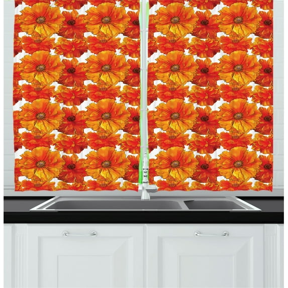 Ambesonne Orange Kitchen Curtains, Antique Bohemian Poppies, 55"x45", Burnt Orange White
