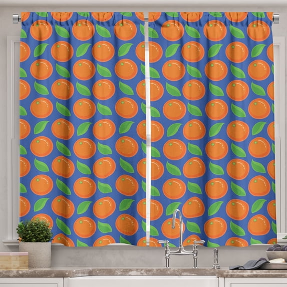 Ambesonne Orange Kitchen Curtains, Citrus Fruit Green Leaf, 55"x39", Orange Blue and Green