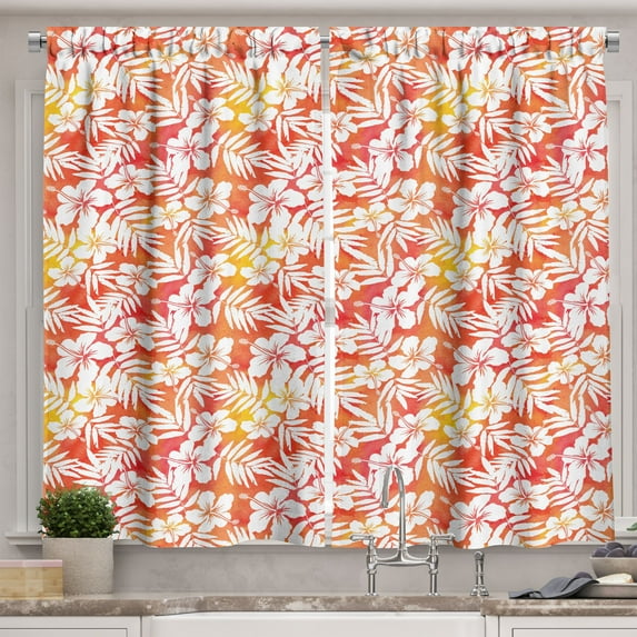 Ambesonne Orange Kitchen Curtains, Fantasy Watercolor Aloha, 55"x45", Yellow Coral White