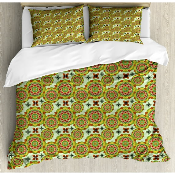 Ambesonne Orange Mandala Duvet Cover Sets, Folkloric Blossoms, 2-Queen, Pale Green and Multicolor