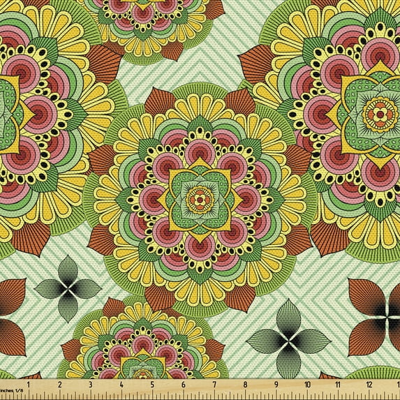 Ambesonne Orange Mandala Fabric by the Yard Upholstery, Folkloric Blossoms, 1 Yard, Pale Green and Multicolor