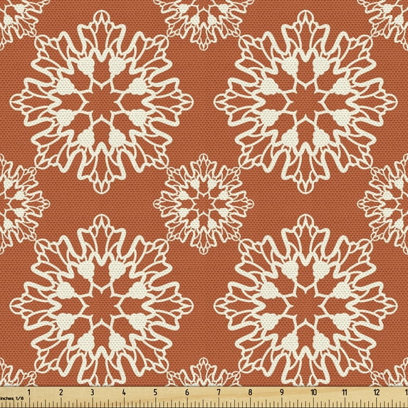 Ambesonne Orange Mandala Fabric by the Yard Upholstery, Lace Like Symmetry, 1 Yard, Pale Cinnamon and Off White