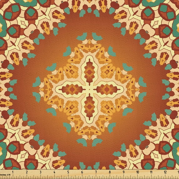 Ambesonne Orange Mandala Fabric by the Yard Upholstery, Oriental Art Form, 5 Yards, Cinnamon Jade Green and Peach