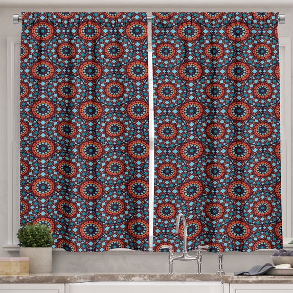 Ambesonne Orange Mandala Kitchen Curtains, Geometrical Folk Art, 55"x45", Indigo Burgundy and Aqua
