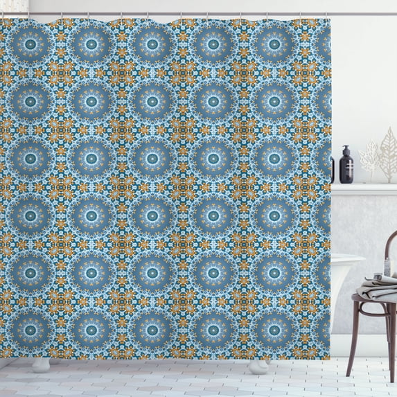 Ambesonne Orange Mandala Shower Curtain, Fractal Oriental Art, 69"Wx70"L, Slate Blue and Marigold