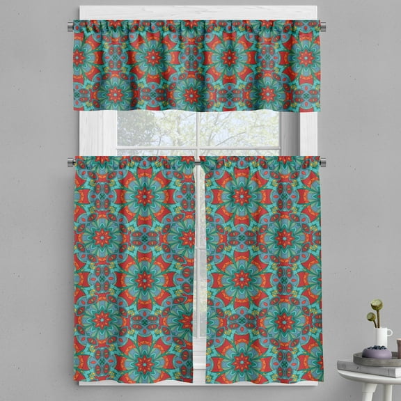 Ambesonne Orange Mandala Valance & Curtain, Folk Summer Colors, 55"x36", Vermilion Sea Blue and Teal