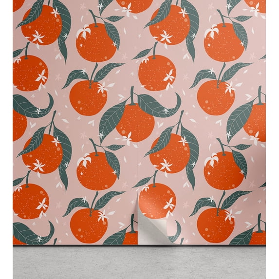 Ambesonne Orange Peel & Stick Wallpaper for Home, Japanese Dreamy Flowers Art, 13"x72", Blue Grey Vermilion Blush