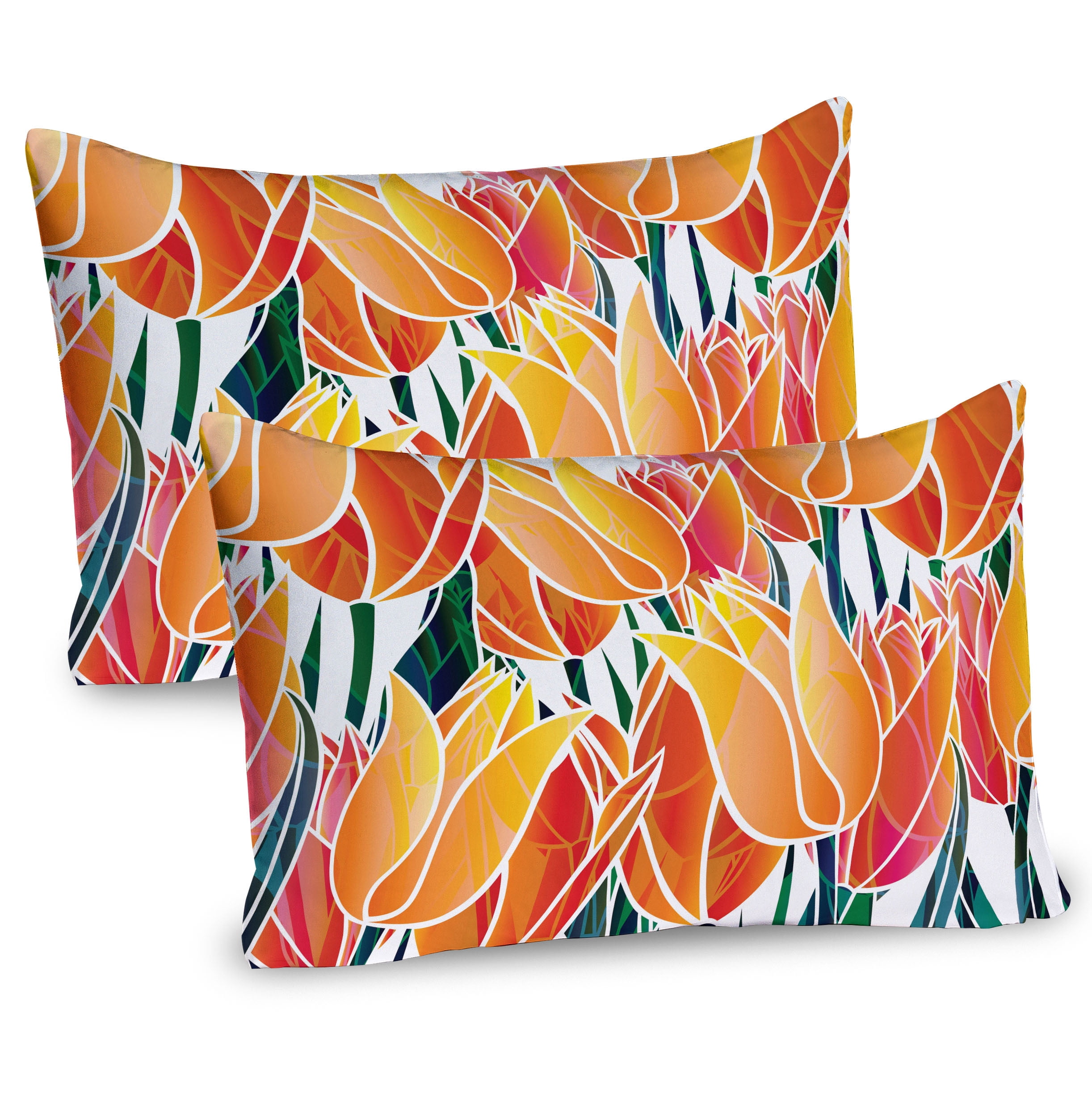 Orange Floral Tulip Garden Microfiber Pillow Shams, 2 Pack, 20" x 30"
