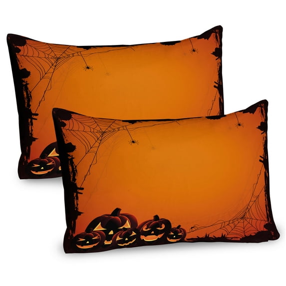 Ambesonne Orange Pillow Sham 2 Pack, Halloween Pumpkin Scary, 36"x20", Seal Brown Orange