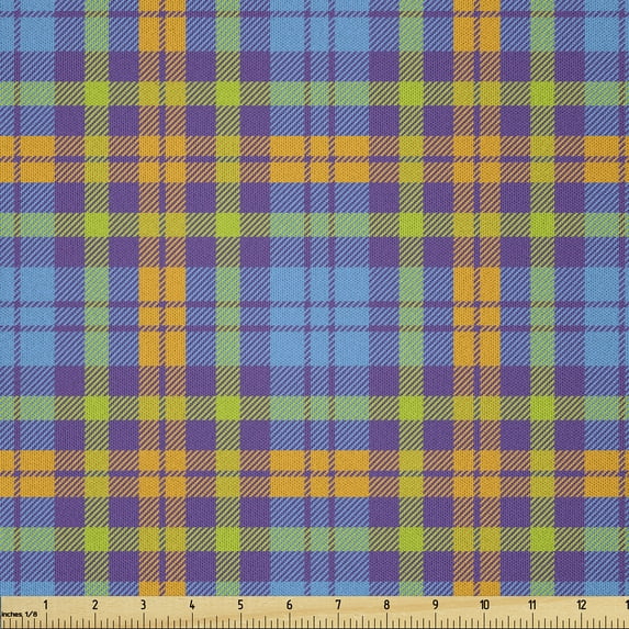 Ambesonne Orange Plaid Fabric by the Yard Microfiber, Contemporary Gingham, 10 Yards, Blue Purple Lime Green