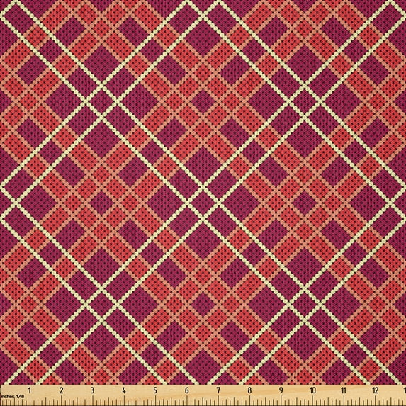 Ambesonne Orange Plaid Fabric by the Yard Microfiber, Contemporary Tartan, 3 Yards, Raspberry Vermilion Cream