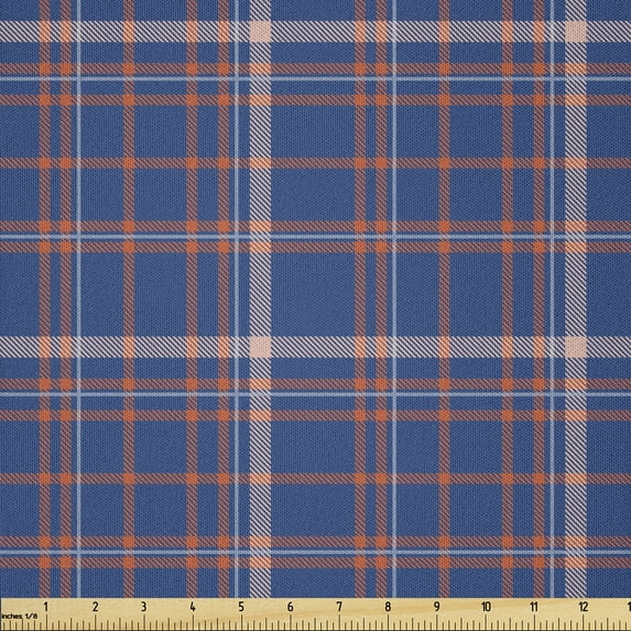 Ambesonne Orange Plaid Fabric by the Yard Microfiber, Dash Line Classic Art, 5 Yards, Dark Sky Blue and Peach