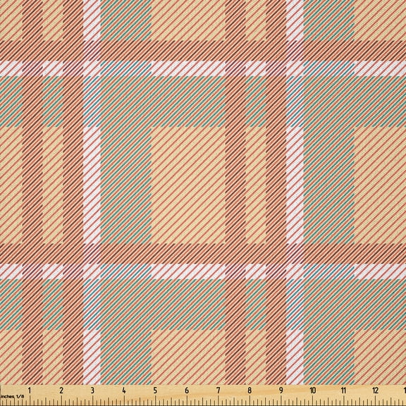 Ambesonne Orange Plaid Fabric by the Yard Microfiber, Diagonal Lines Checks, 1 Yard, Teal Dark Salmon Beige