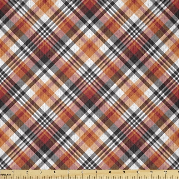 Ambesonne Orange Plaid Fabric by the Yard Microfiber, Diagonal Look Classic, 3 Yards, Ruby Dark Brown