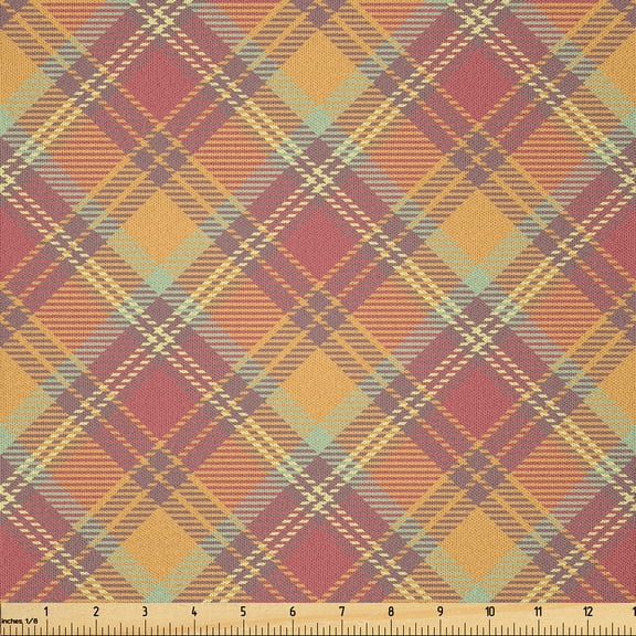 Ambesonne Orange Plaid Fabric by the Yard Microfiber, Soft Diagonal Squares, 2 Yards, Apricot Pale Ruby