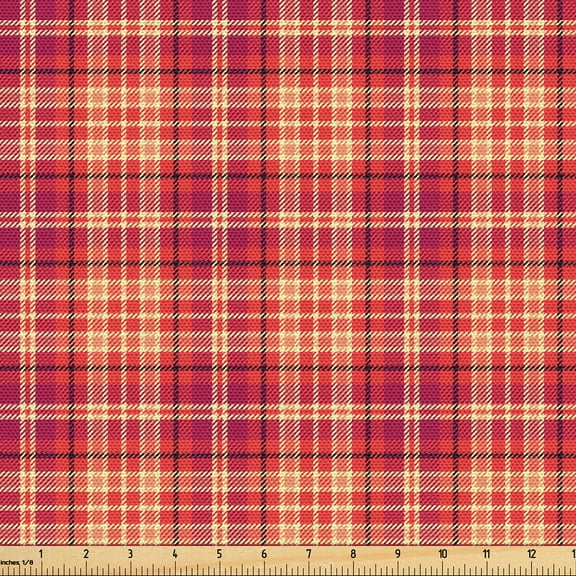 Ambesonne Orange Plaid Fabric by the Yard Upholstery, Square Tartan Modern, 3 Yards, Burnt Sienna and Raspberry