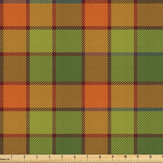 Ambesonne Orange Plaid Fabric by the Yard Upholstery, Tartan Squares Motif, 5 Yards, Olive Green and Seal Brown