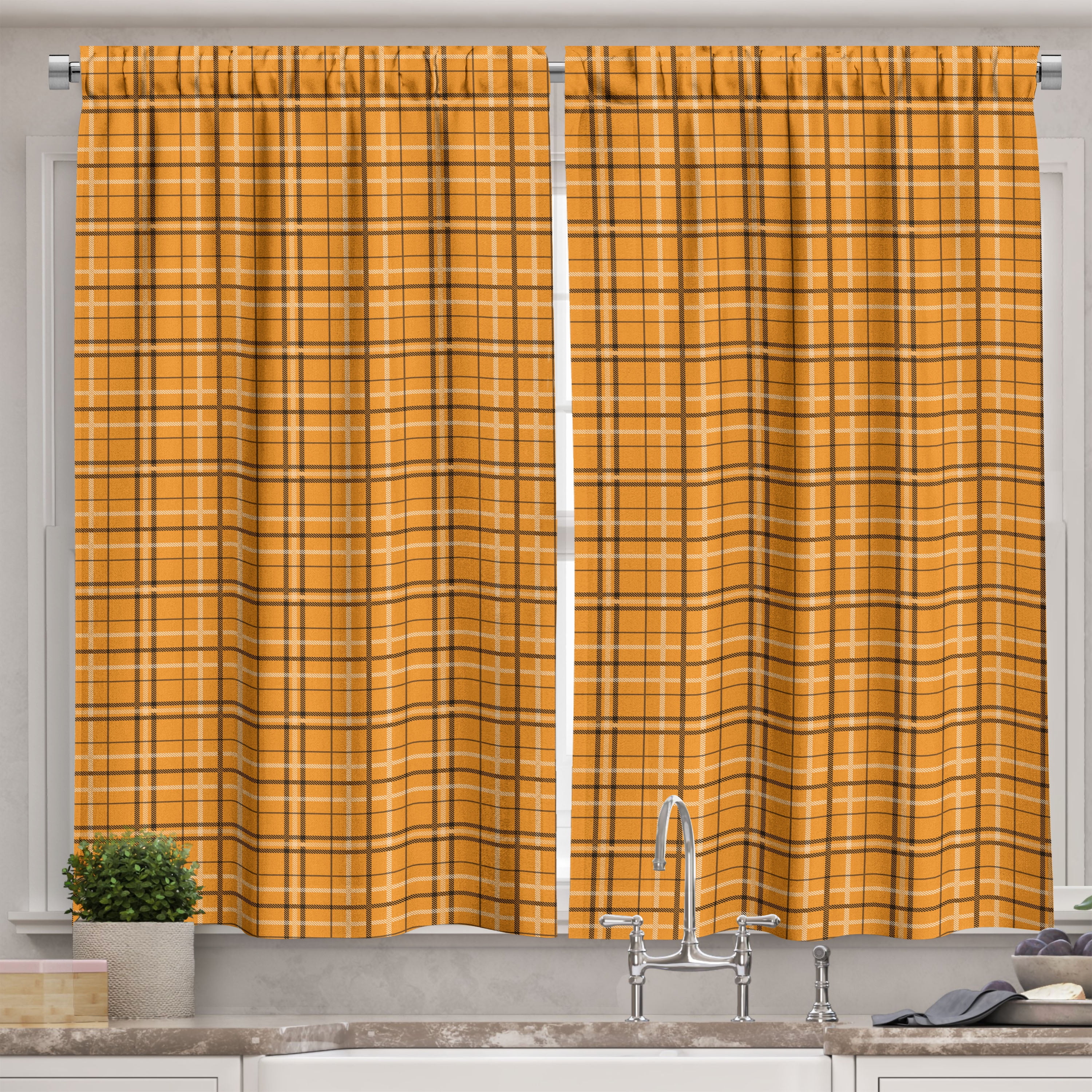 Ambesonne Orange Plaid Kitchen Curtains, Square Tangerine Tones, 55"x45