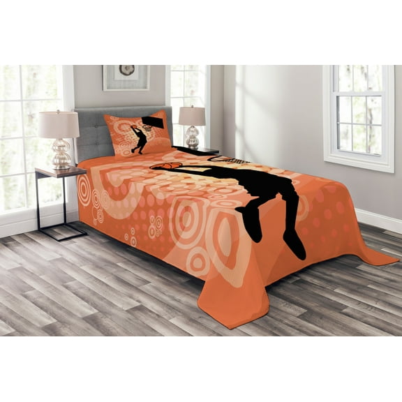 Ambesonne Orange Quilted Bedspread Set 2 Pcs, Basketball Dunk Athlete, Twin Size, Pale Orange Black