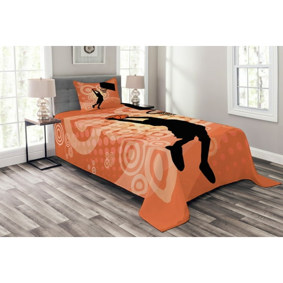 Ambesonne Orange Quilted Bedspread Set 2 Pcs, Basketball Dunk Athlete, Twin Size, Pale Orange Black