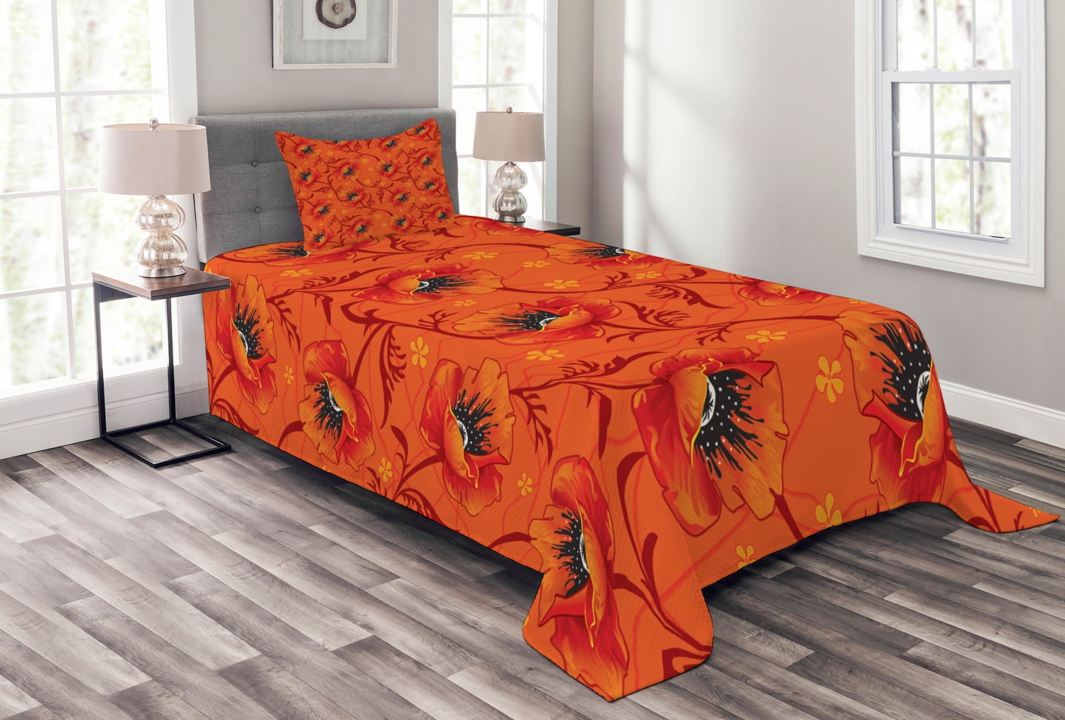 Twin White Quilted Bedspread Set with Poppy Flower Design