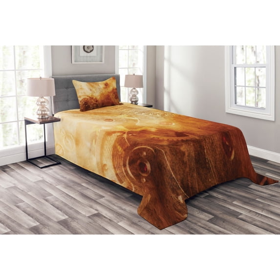 Ambesonne Orange Quilted Bedspread Set 2 Pcs, Retro Historical, Twin Size, Orange