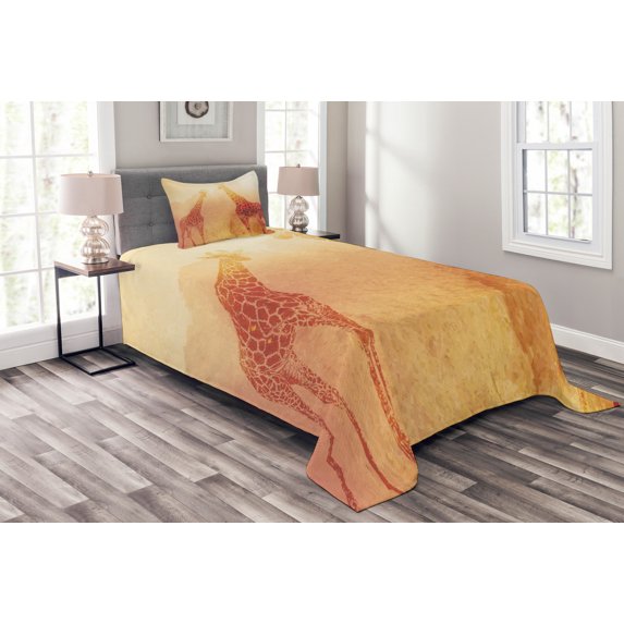 Ambesonne Orange Quilted Bedspread Set 2 Pcs, Tropic Giraffes, Twin Size, Orange
