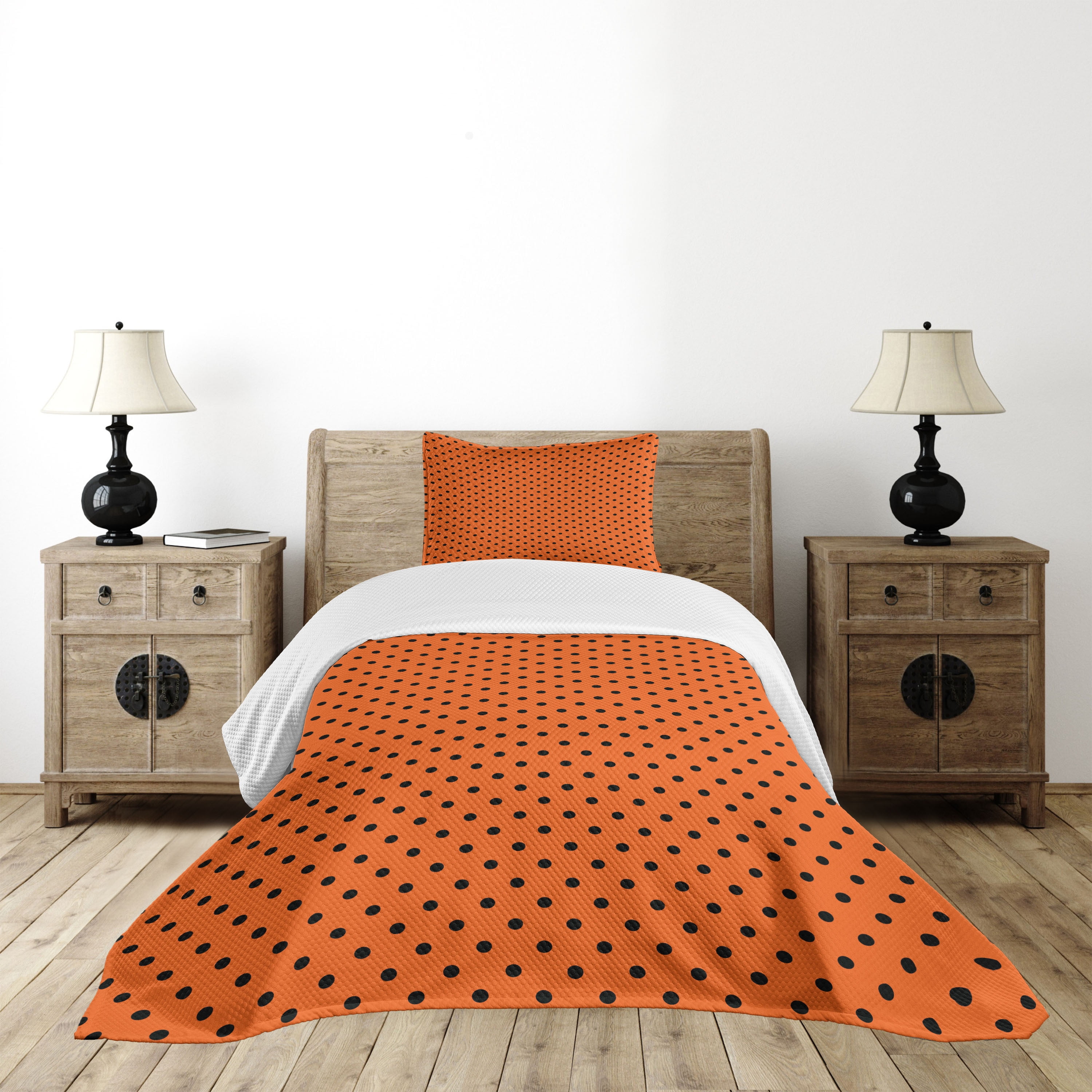 Twin Orange and Black Polka Dot Quilted Bedspread Set