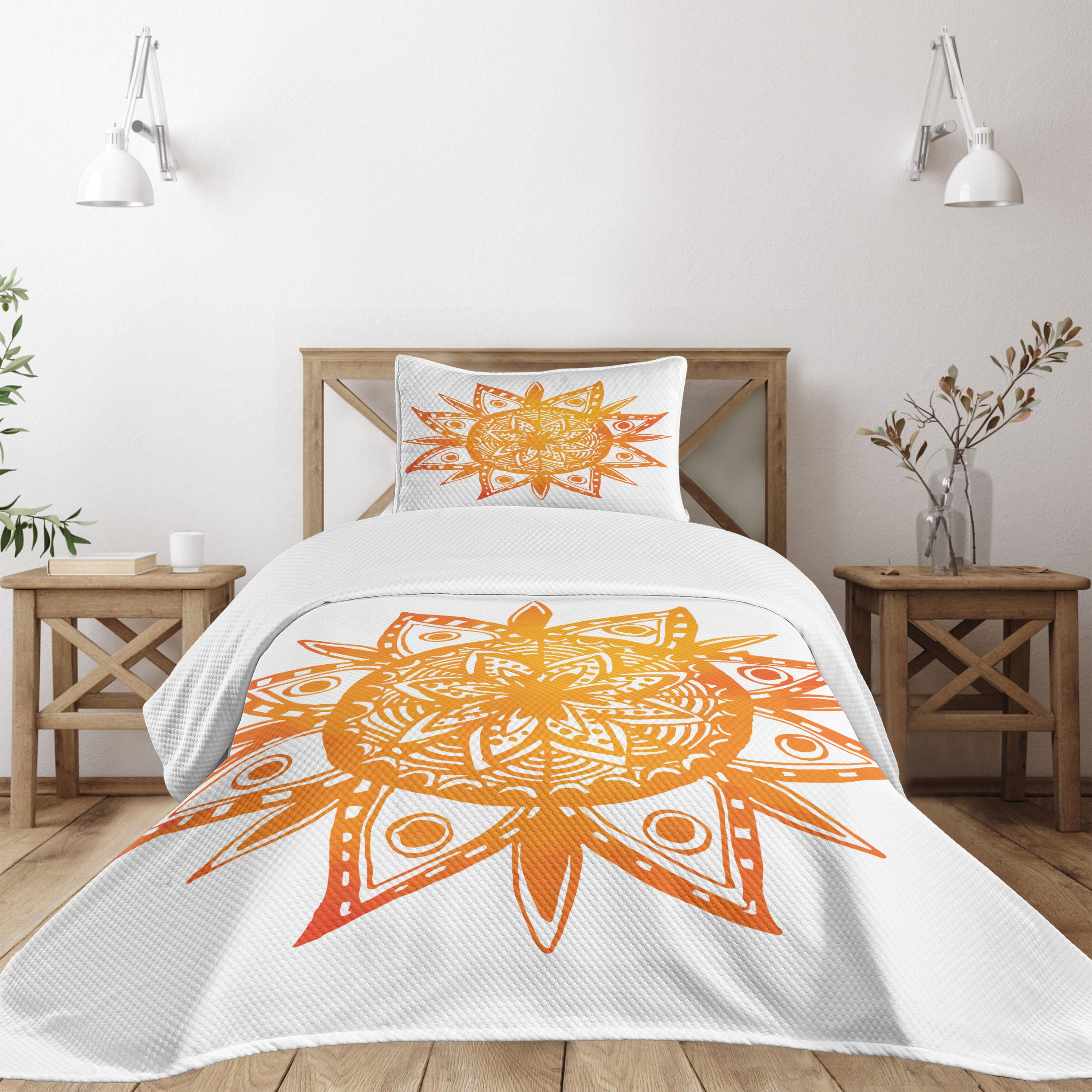 Twin White and Orange Quilted Bedspread Set with Sun Design