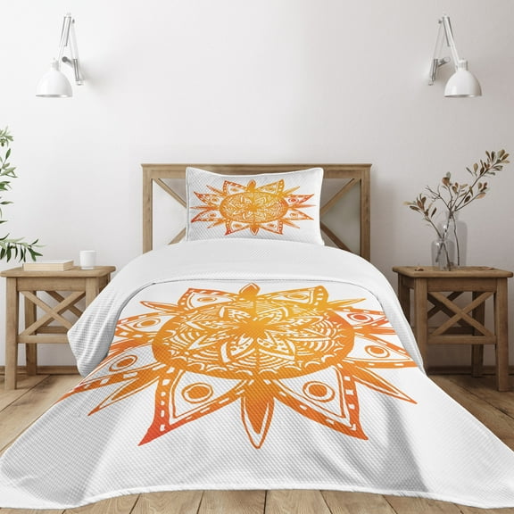 Ambesonne Orange Quilted Bedspread Set 2 Pcs, Watercolor Sun, Twin Size, Orange White