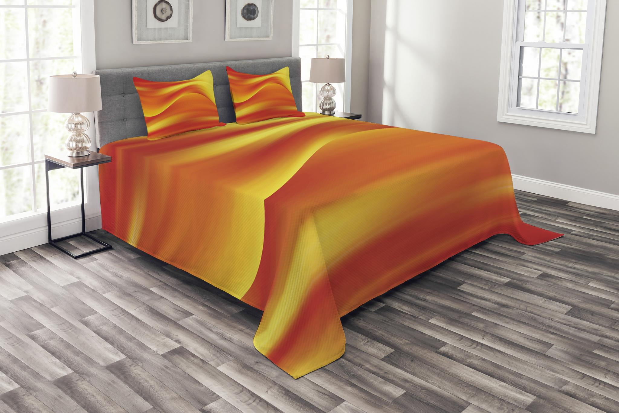 King Size Quilted Bedspread Set in Vibrant Orange and Yellow