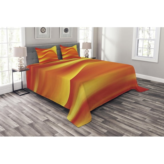 Ambesonne Orange Quilted Bedspread Set 3 Pcs, Abstract Digital Waves, King Size, Burnt Orange