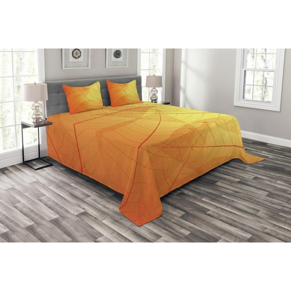 Ambesonne Orange Quilted Bedspread Set 3 Pcs, Autumn Nature Dry Leaves, Queen Size, Orange Yellow