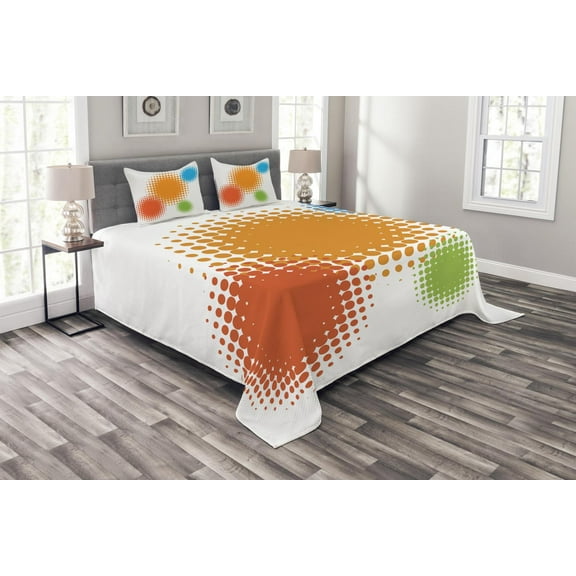 Ambesonne Orange Quilted Bedspread Set 3 Pcs, Colorful Half Tone Circles, Queen Size, Red Orange and Blue