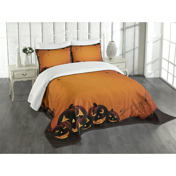 Ambesonne Orange Quilted Bedspread Set 3 Pcs, Halloween Pumpkin Scary, Queen Size, Seal Brown Orange