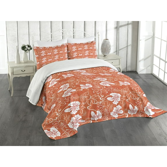 Ambesonne Orange Quilted Bedspread Set 3 Pcs, Hawaiian Summer Hibiscus, King Size, Orange White