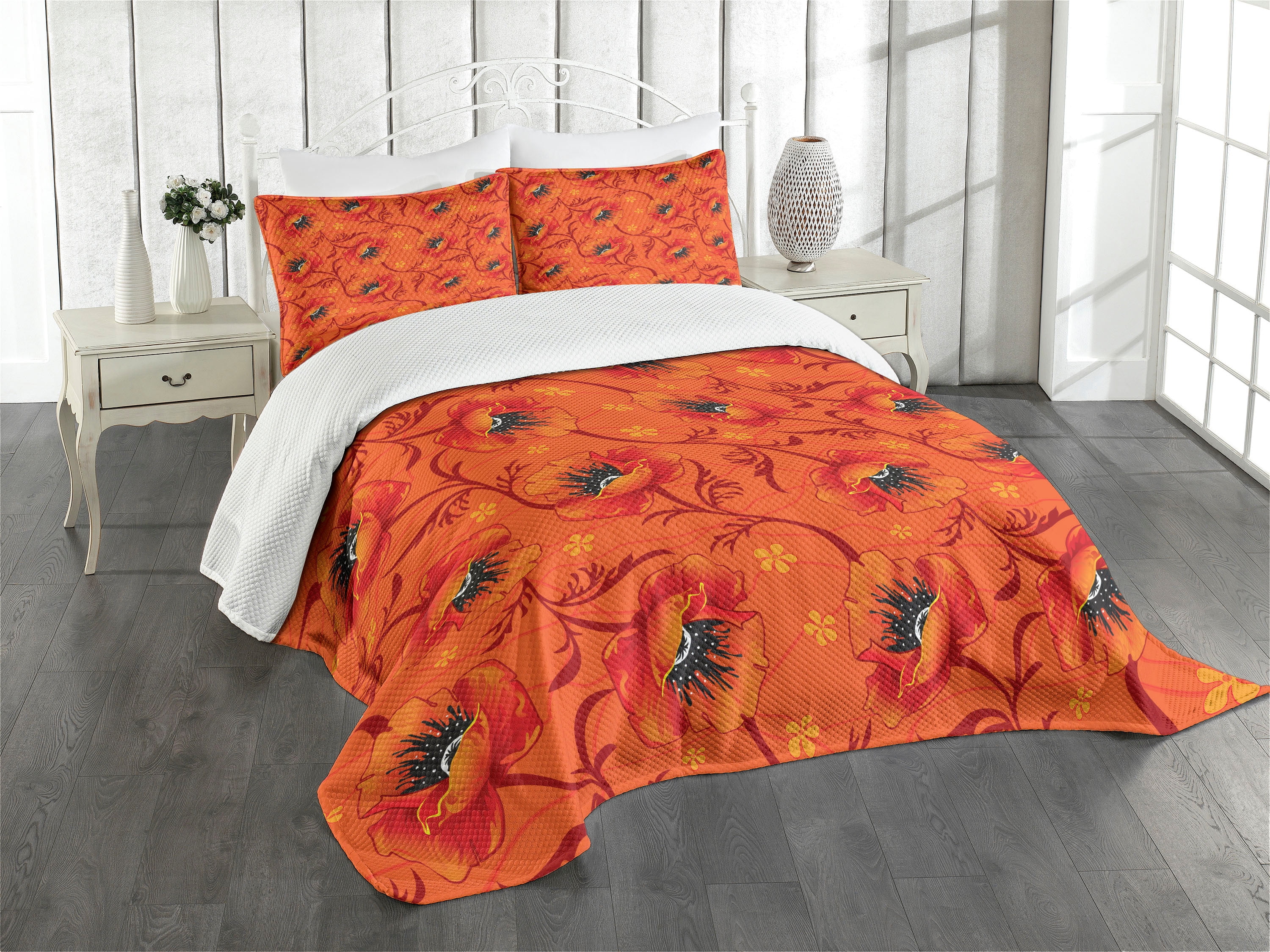 Ambesonne Orange Quilted Bedspread Set 3 Pcs Poppy Flower Romance King Size Burnt Orange Yellow