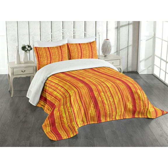 Ambesonne Orange Quilted Bedspread Set 3 Pcs, Vertical Stripes Floral, King Size, Orange Yellow