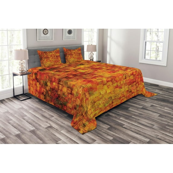 Ambesonne Orange Quilted Bedspread Set 3 Pcs, Vintage Mosaic Grunge, Queen Size, Orange Mustard