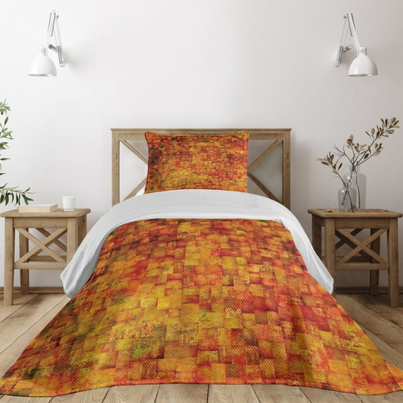Ambesonne Orange Quilted Coverlet 2 Pcs, Vintage Mosaic Grunge, Twin Size, Orange Mustard