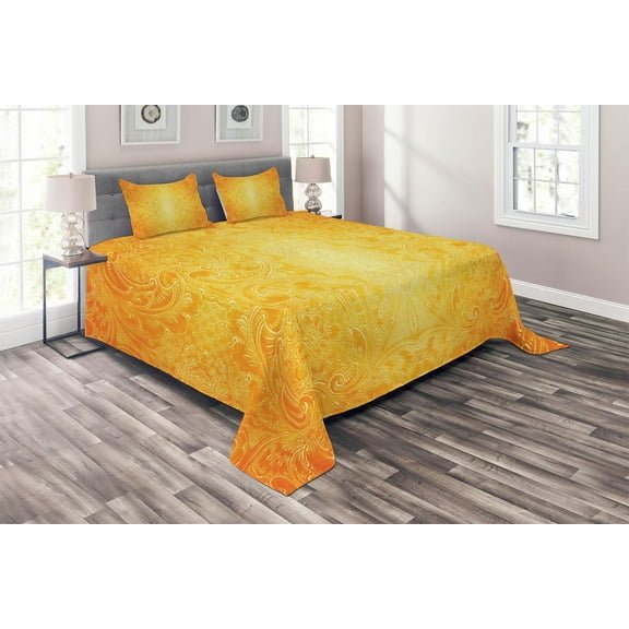 Ambesonne Orange Quilted Coverlet 3 Pcs, Antique Floral Ornament, Queen Size, Marigold