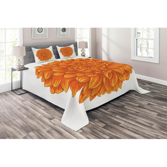 Ambesonne Orange Quilted Coverlet 3 Pcs, Dahlia Flower Floral, King Size, Orange