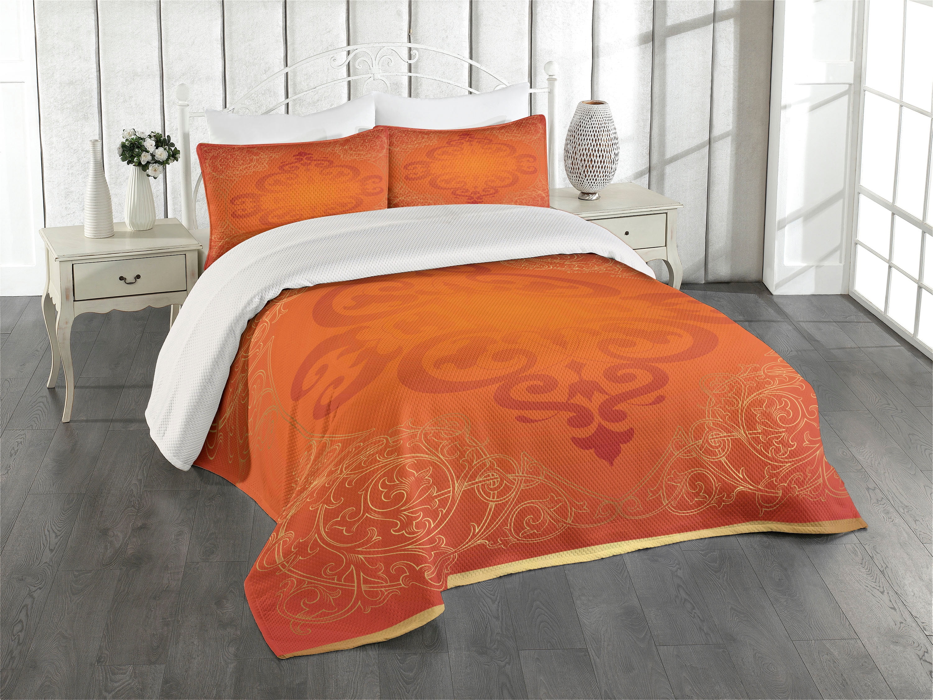 Queen Size Orange Yellow Polyester Bedspread Set